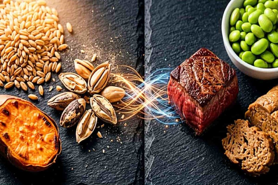 A macro photograph of raw beef and edamame meeting complex grains on dark slate with the title THE MUSCLE SATURATION BLUEPRINT.