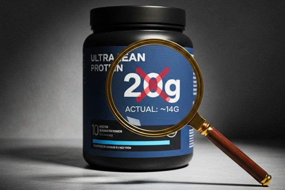 Magnifying glass focusing on a protein supplement label revealing actual protein content vs marketing claims