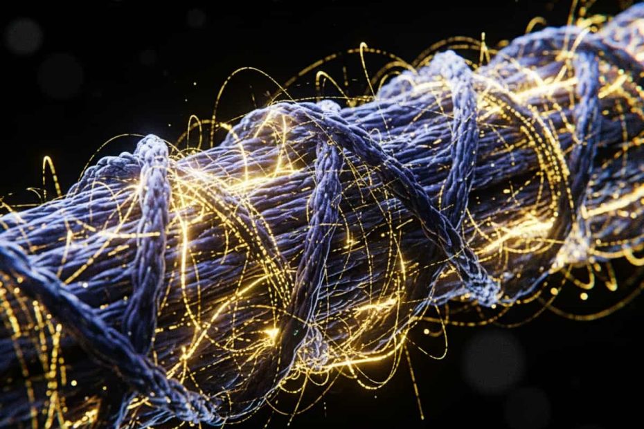 3D render of human muscle fibers being woven together by glowing golden amino acid strands at a microscopic level.