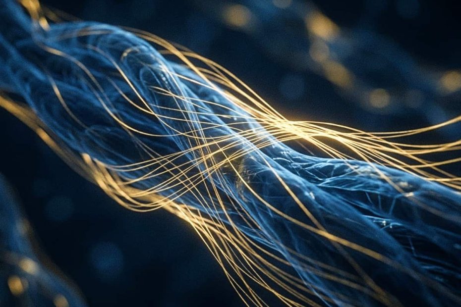 Macro visualization of muscle protein fibers being reconstructed and synthesized by glowing golden amino acid strands.