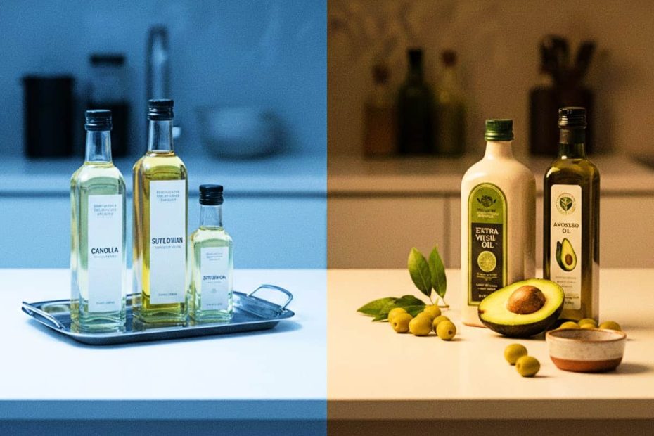 Visual comparison between seed oils and fruit oils on a kitchen countertop, representing Nutrideep’s nutritional analysis.
