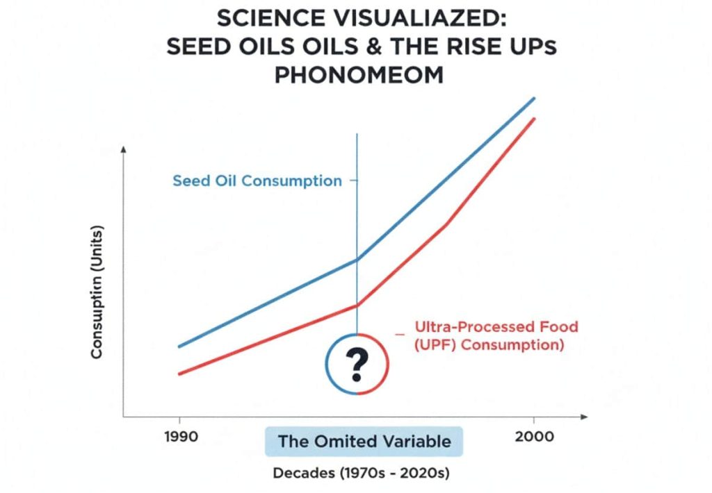 Infographic showing the increasing correlation between seed oil consumption and ultra-processed food intake over the decades.