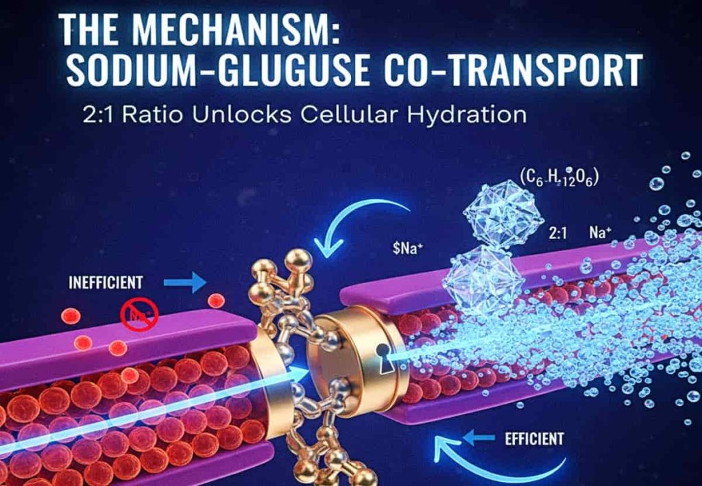 Technical medical diagram of the Sodium-Glucose Co-transport mechanism (SGLT1) explaining the 2:1 ratio required for optimal cellular hydration.