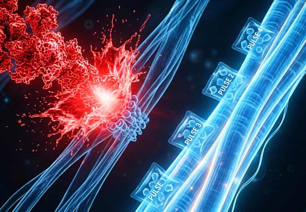 Macro view of neural fibers. One side shows a red, chaotic chemical explosion (UPF crash), while the other shows organized, blue-glowing pulses (Nutrideep recovery).