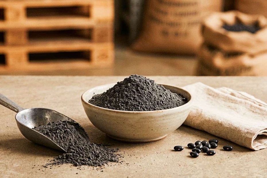 A ceramic bowl filled with fine black bean powder next to a metal scoop and scattered black beans on a stone surface, representing functional hybrid foods.