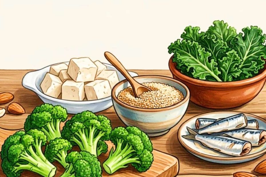 An illustrated spread on a wooden table featuring bowls of kale, chia seeds, sesame seeds, almonds, tofu cubes, broccoli, and a plate of canned sardines.