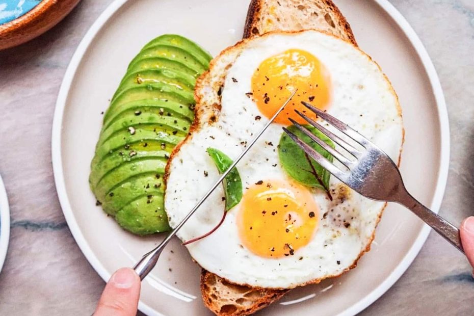 A close-up of a person using a fork and knife to eat a breakfast of fried eggs and avocado on whole-grain toast, representing the "Early Breakfast" habit.
