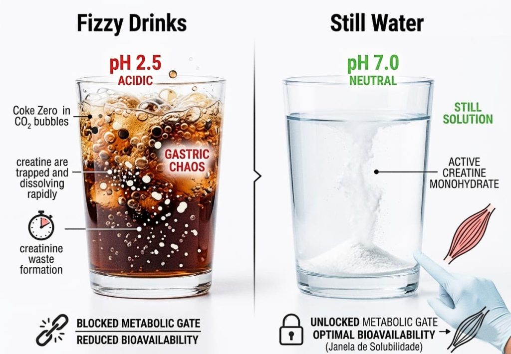 Scientific infographic comparing "Fizzy Drinks" (pH 2.5) and "Still Water" (pH 7.0). The left side shows "Gastric Chaos" and creatinine waste formation. The right side shows the "Solubility Window" open for optimal muscle absorption, illustrated with an unlocked icon and muscle fiber.