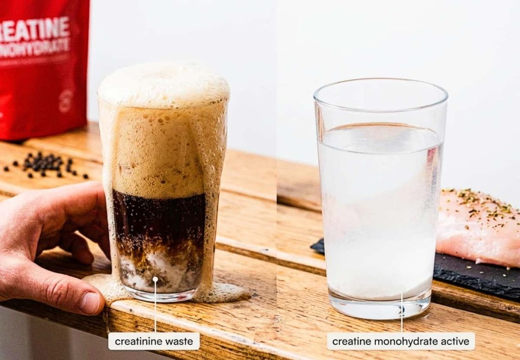 A close-up split image comparing two clear glasses: the left glass shows vigorous white foam overflowing dark, carbonated Coke Zero, with labeling 'creatinine waste', and the right glass shows white creatine monohydrate settled perfectly and labeled 'creatine monohydrate active'. A hand near the bottom.