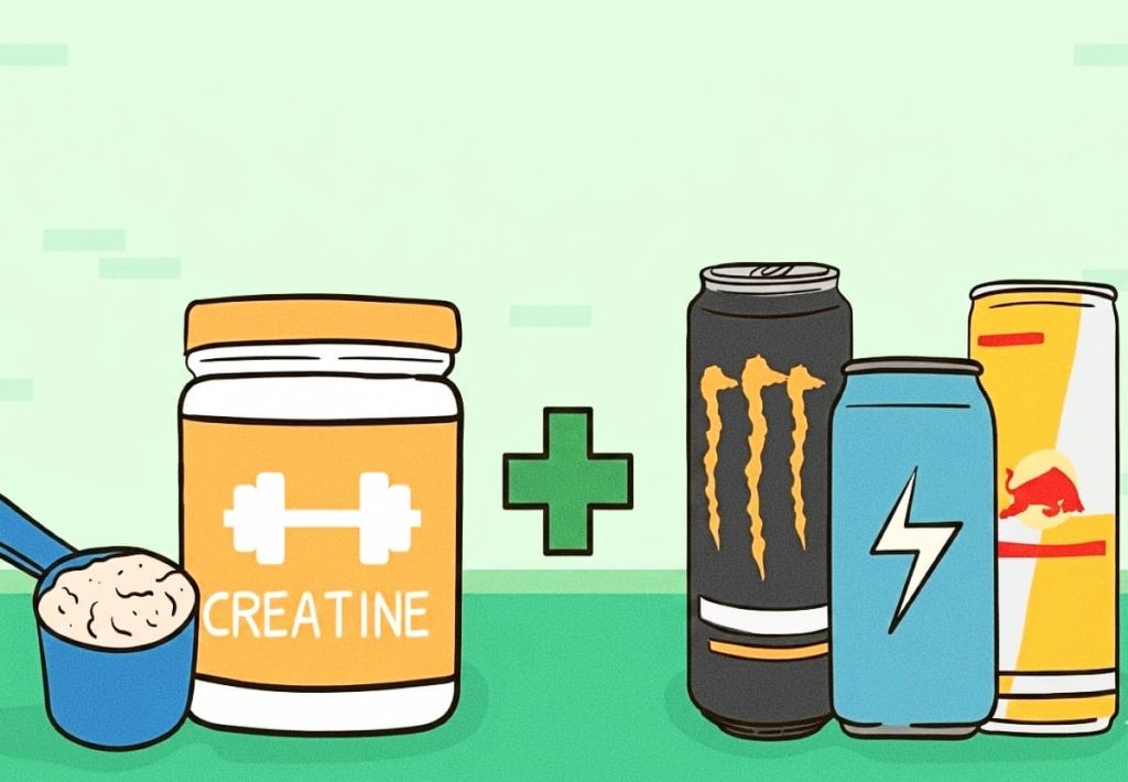 Vector illustration of a creatine tub and energy drink cans with a plus sign.