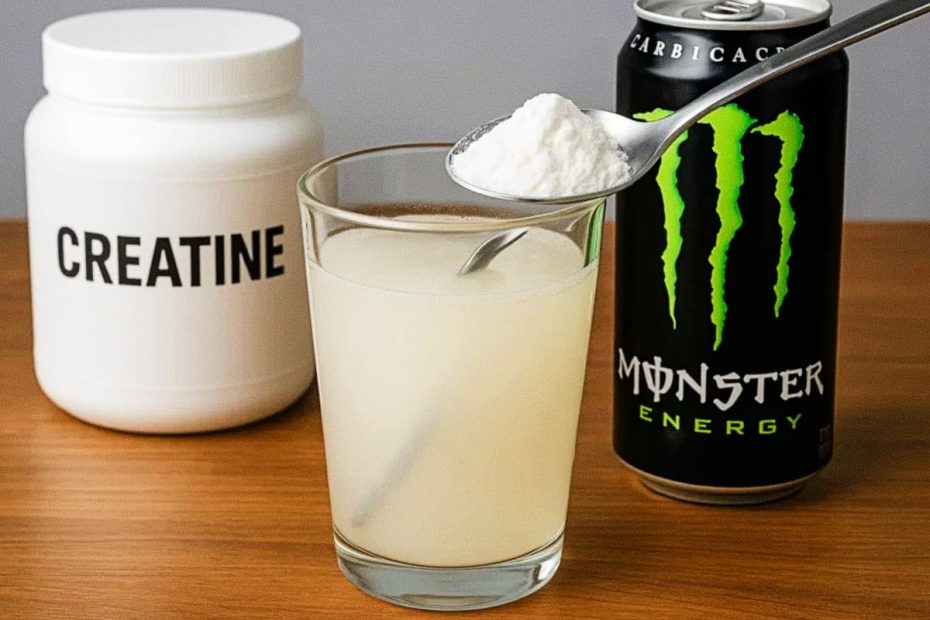 Creatine powder on a spoon being mixed into a glass of energy drink next to a Monster can.