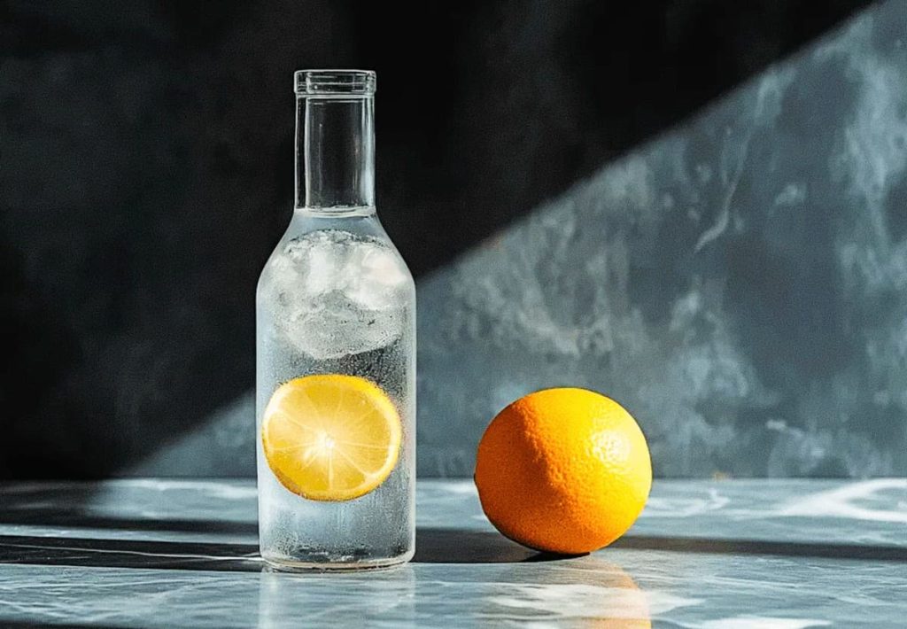 A chilled glass bottle containing clear water and a lemon slice inside, placed on a grey marble surface next to a whole orange.