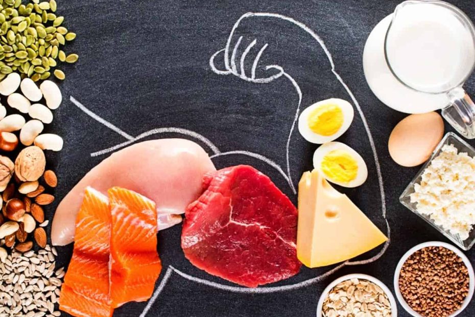 A flat lay of high-protein foods like salmon, steak, eggs, and nuts, arranged around a chalk drawing of a muscular flexing arm on a dark background.