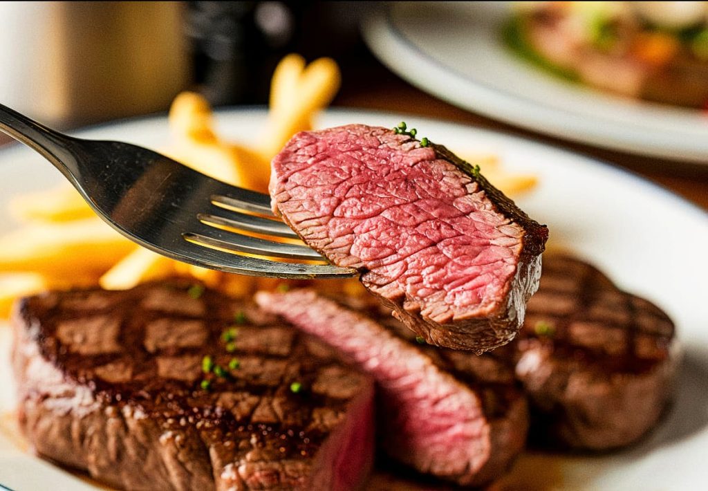 A close-up of a fork lifting a thick, juicy slice of medium-rare grilled steak, showing the pink center and seared exterior.