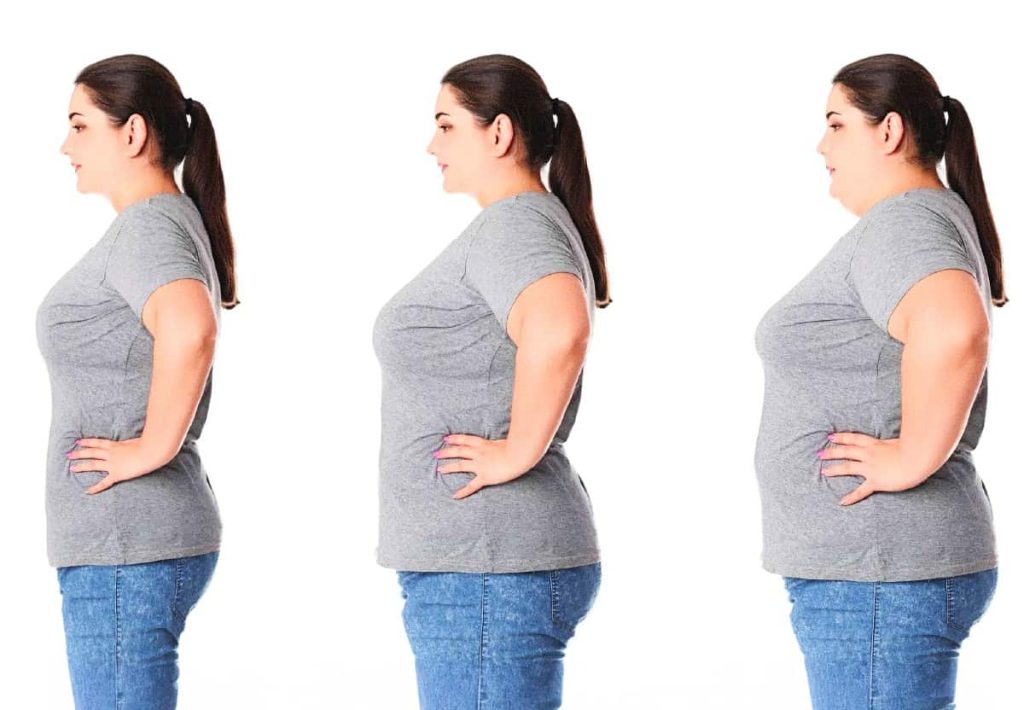 A side-profile comparison of a woman in a grey t-shirt and jeans shown in three stages of weight loss progress against a white background.