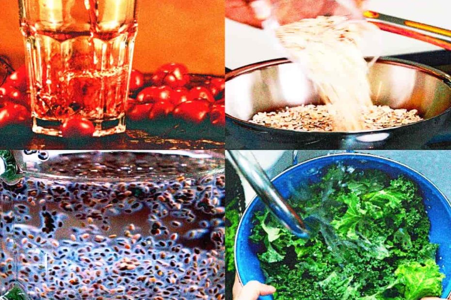 A collage showing four panels: tart cherry juice being poured into a glass, oats being added to a pan, chia seeds in water, and fresh kale being washed in a blue bowl.