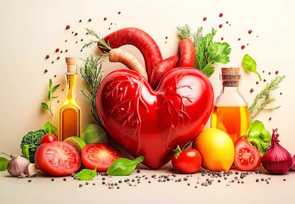 A conceptual 3D artistic rendering of a glossy red heart surrounded by fresh vegetables like tomatoes, garlic, onions, and bottles of olive oil.