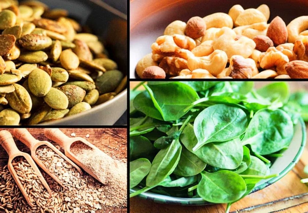 A collage featuring pumpkin seeds, mixed nuts, fresh spinach, and whole grains, all rich in essential nutrients and serine.