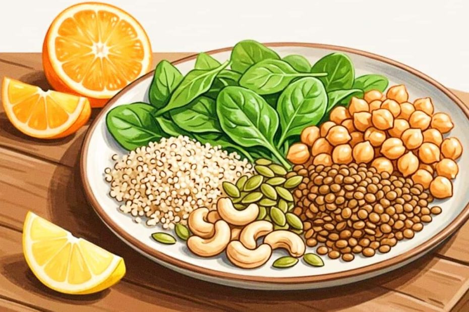 An artistic illustration of a white plate containing spinach, chickpeas, lentils, cashews, and pumpkin seeds, flanked by orange and lemon slices on a wooden table.