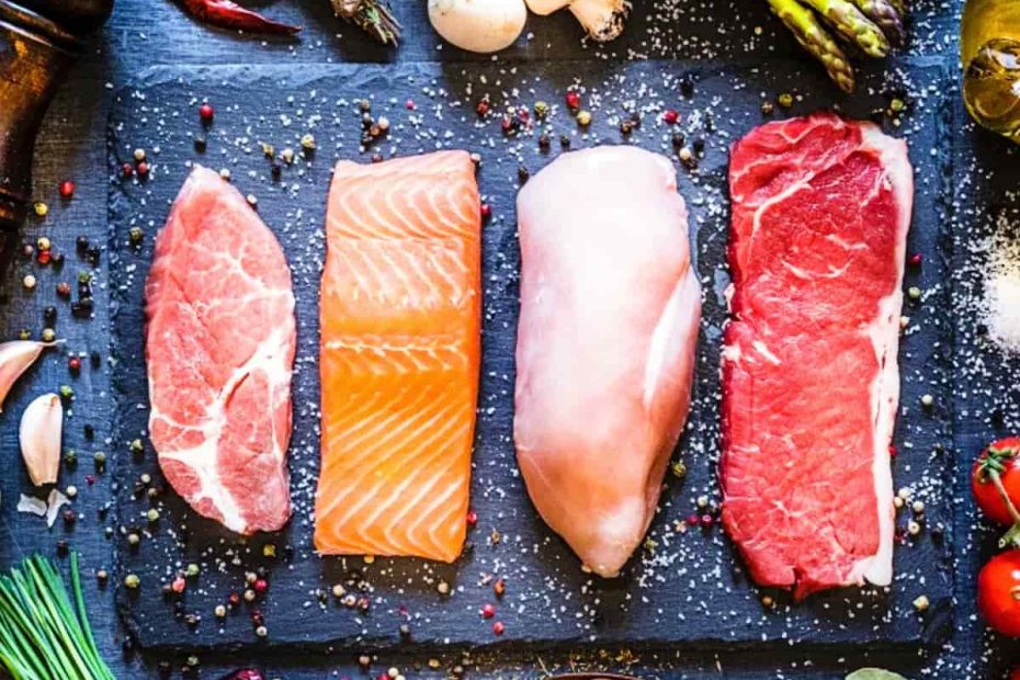 An overhead view of four raw meat cuts—pork loin, salmon fillet, chicken breast, and beef steak—lined up on a black slate board, surrounded by fresh garlic, chives, asparagus, mushrooms, and scattered peppercorns.