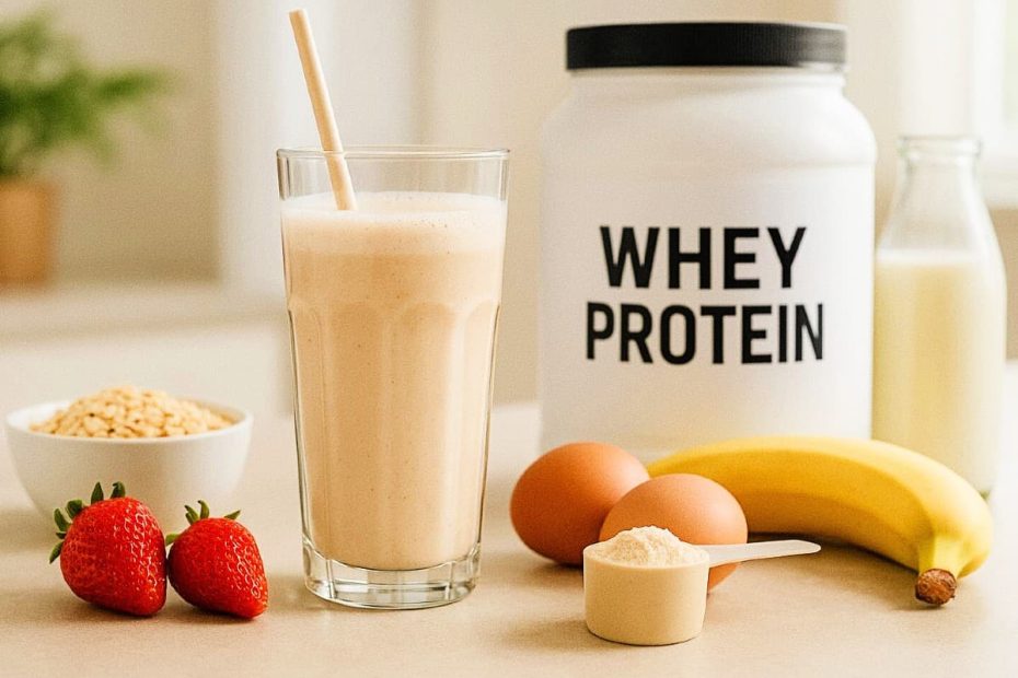 A close-up of a professional stethoscope resting on a white desk next to a modern tub of whey protein and a clear glass of water.