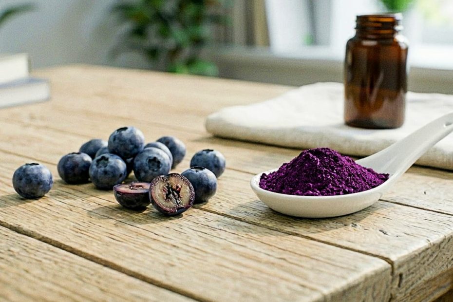 Macro photograph of deep purple wild blueberry powder next to fresh lowbush blueberries on a clean surface, emphasizing high anthocyanin concentration.