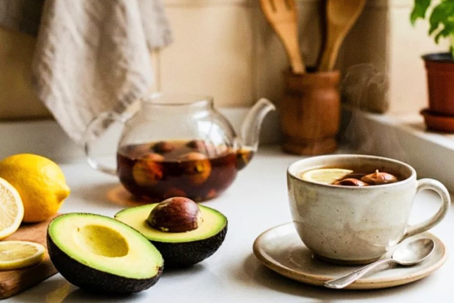 A cozy kitchen setting featuring a cup of tea, a glass teapot with avocado pits, sliced lemons, and a fresh avocado cut in half.