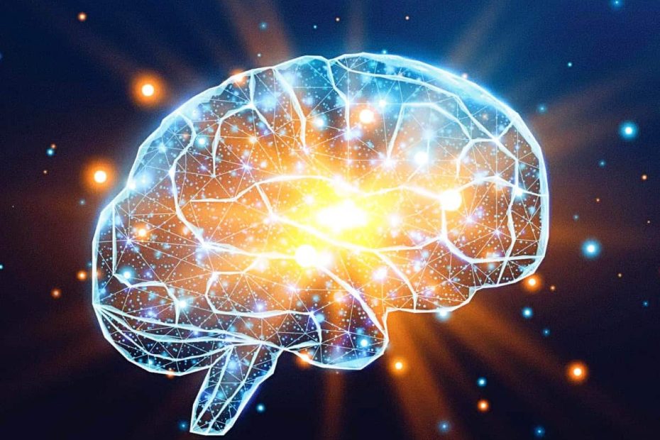 A digital illustration of a human brain glowing with bright orange and white light networks, representing high energy activity.