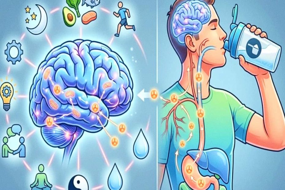 An infographic-style illustration showing a person drinking a supplement and the resulting energy flow to the brain, surrounded by icons for sleep, diet, and focus.