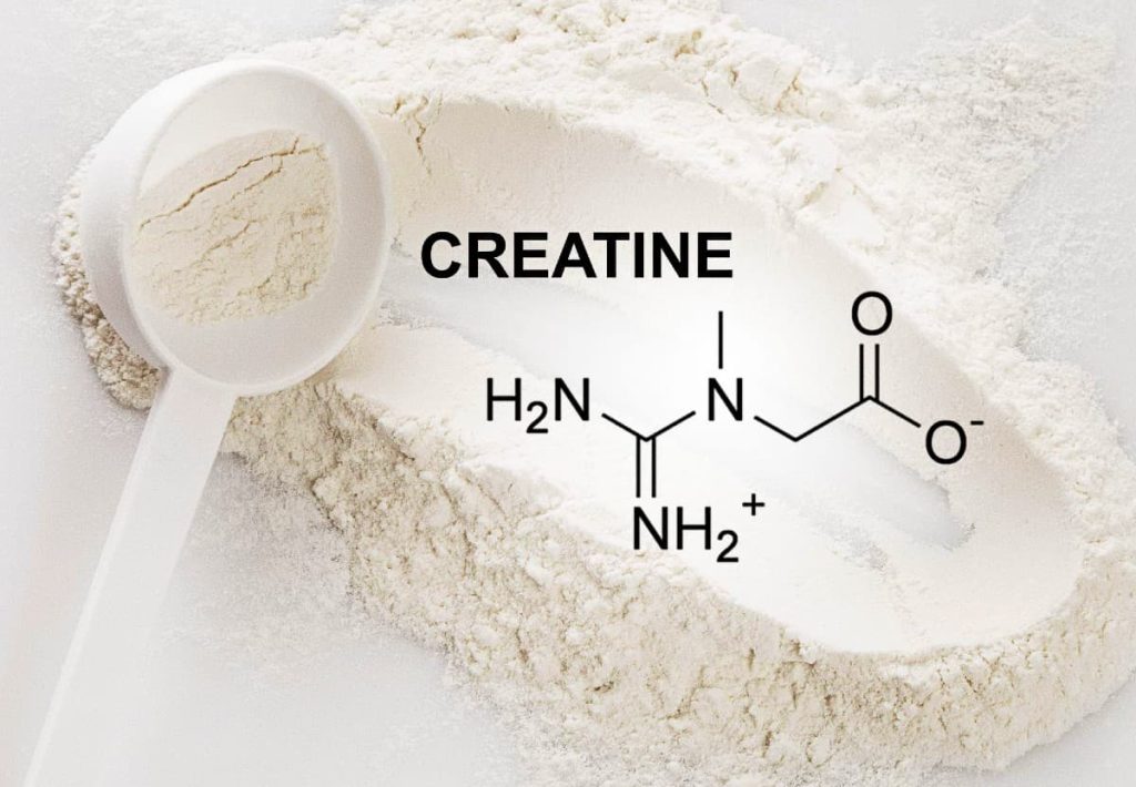 White creatine powder with a plastic scoop and an overlay of its chemical molecular structure.