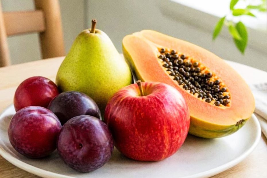 A white plate featuring a halved papaya with seeds, a red apple, a green pear, and fresh purple plums on a wooden surface.