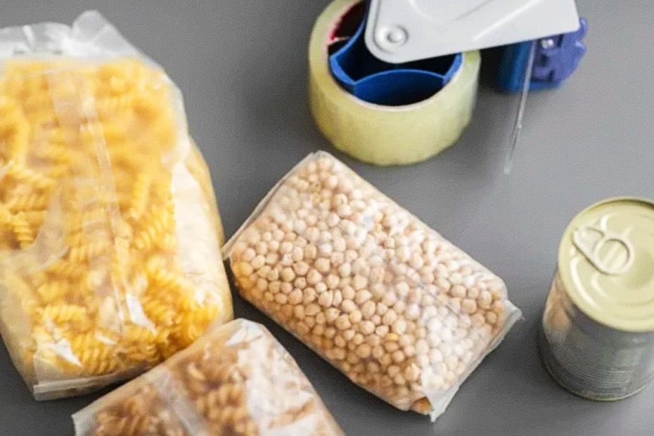 Various food items packaged in plastic, such as pasta and grains, alongside a tin can and adhesive tape on a gray table.
