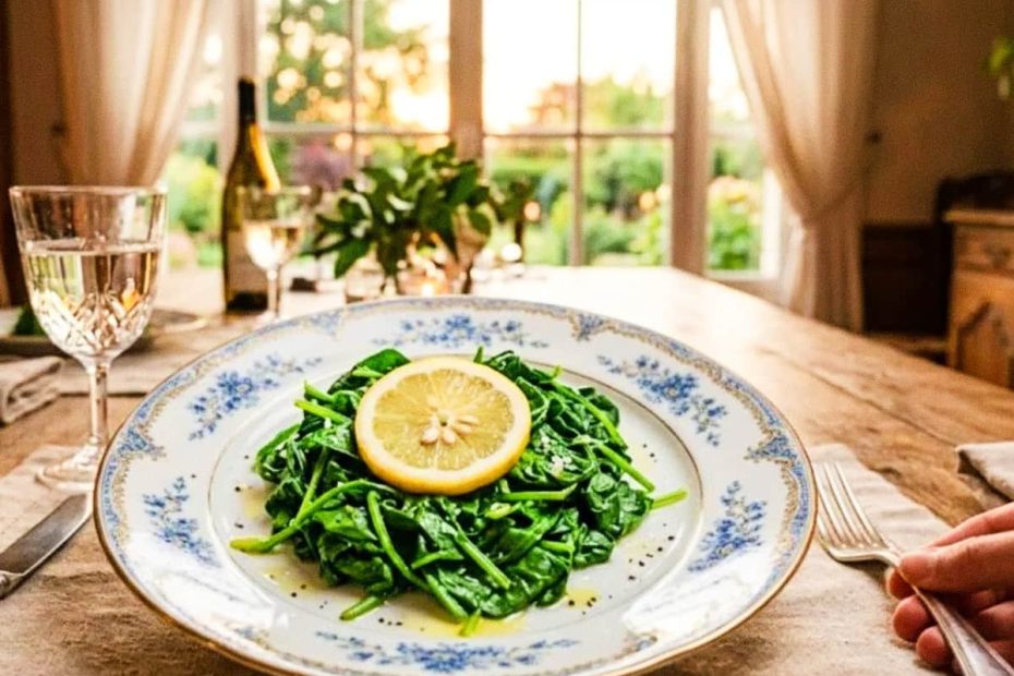 A plate of cooked spinach topped with a fresh lemon slice on a wooden dining table, illustrating iron absorption enhancers.