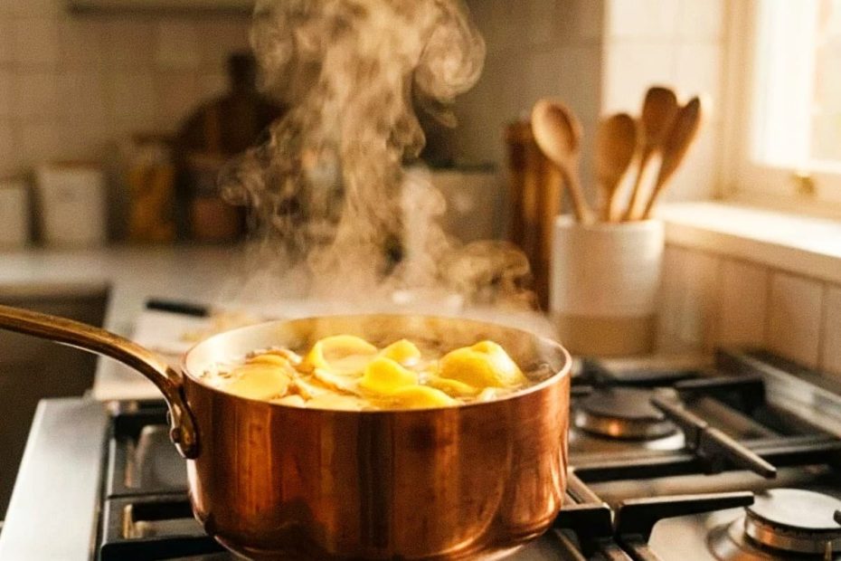 Slices of fresh ginger and lemon peels in a pot of simmering water, highlighting the extraction of essential oils.