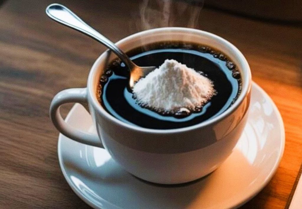 A white cup of black coffee with a spoon holding a small pile of white creatine powder, ready to be stirred in.