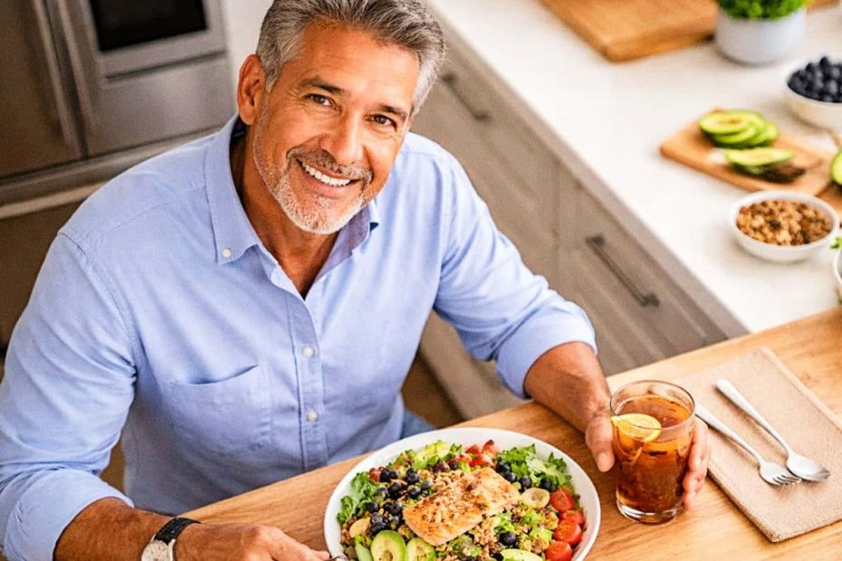 A smiling middle-aged man with gray hair sitting at a kitchen table with a healthy salmon salad, representing dietary and supplemental vision care.