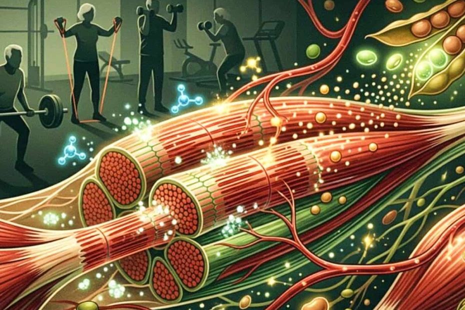An artistic illustration showing the internal structure of muscle fibers being fueled by nutrients from seeds, with people exercising in a gym in the background.