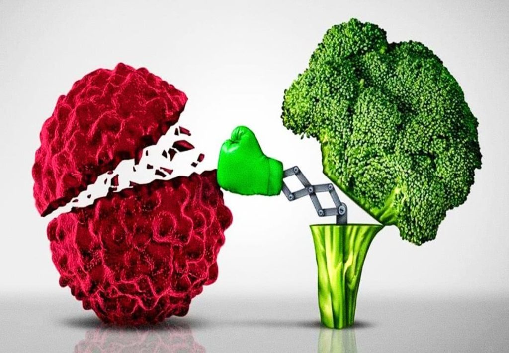 Conceptual broccoli punching a cell representing the immune functions of protein in the human body.