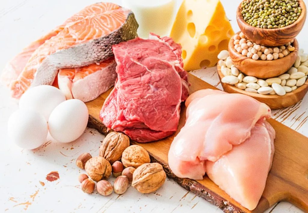 Assorted protein sources including salmon, chicken, eggs, beef, and legumes supporting the functions of protein in the body.