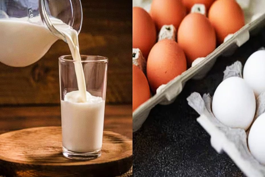 Fresh glass of milk and brown eggs representing essential functions of protein in the human body.