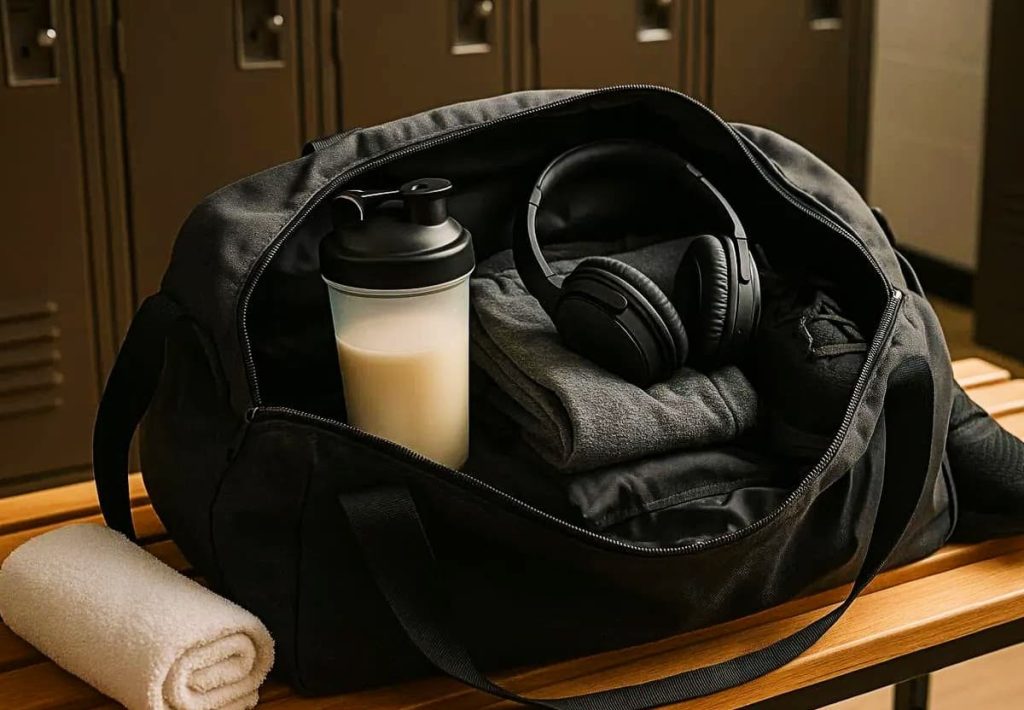 Black gym bag sitting on a bench in a locker room with a protein shaker bottle and headphones to illustrate the optimal time to take whey protein.