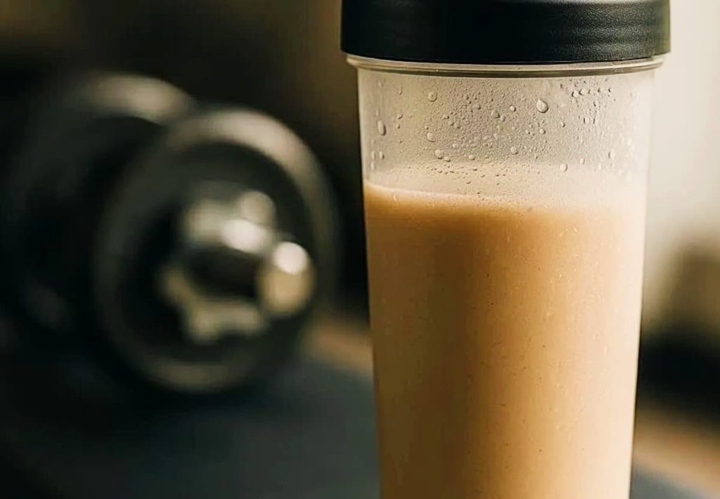 Woman drinking a protein shake from a shaker bottle inside a gym to represent the best time to take whey protein.